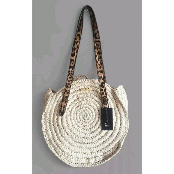 INC International Concepts Bag Beige Leopard Handle Straw Round Animal Print New - Picture 1 of 9